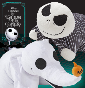 Disneys The Nightmare Before Christmas Pillow Pets Category, showing the black and white Jack Skellington Pillow Pet and the white ghost dog Zero Pillow Pet.