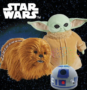 Lucas Films Star Wars Pillow Pets Category, showing the brown Chewbacca Pillow Pet, the green Baby Yoda Pillow Pet, and the white and blue R2D2 Sleeptime Lite.